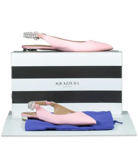 Aquazzura Pink 10mm Portrait Of Lady Grosgrain Crystal Embellished Flats UK 4 EU 37 