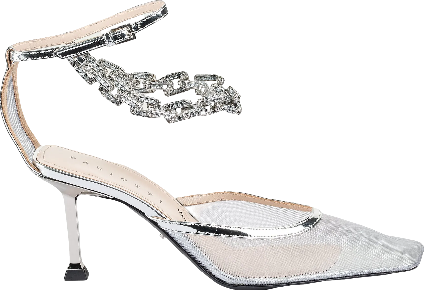 CESARE PACIOTTI Metallic Silver Leather And Mesh Swarovski Chain Detail Heels UK 5.5 EU 38.5 
