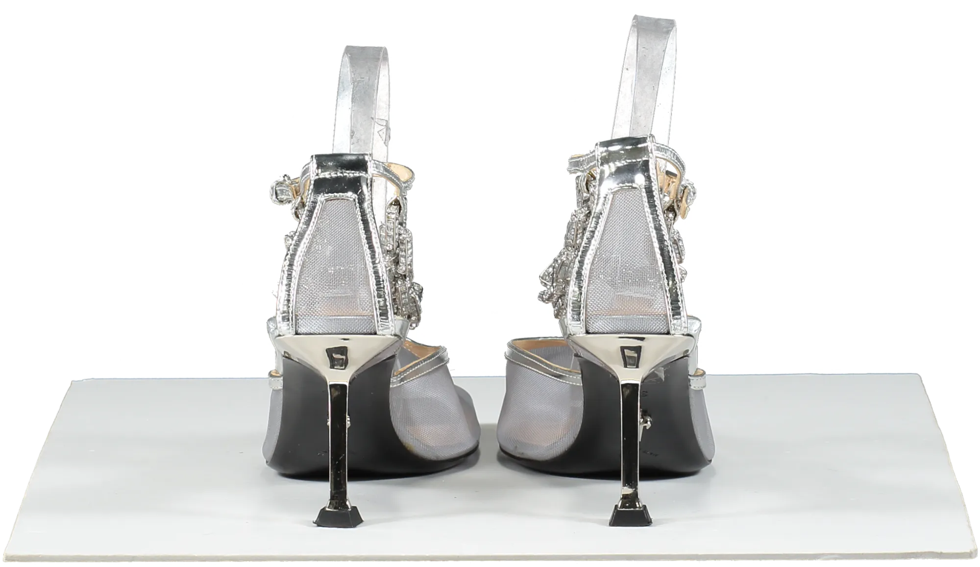 CESARE PACIOTTI Metallic Silver Leather And Mesh Swarovski Chain Detail Heels UK 5.5 EU 38.5 