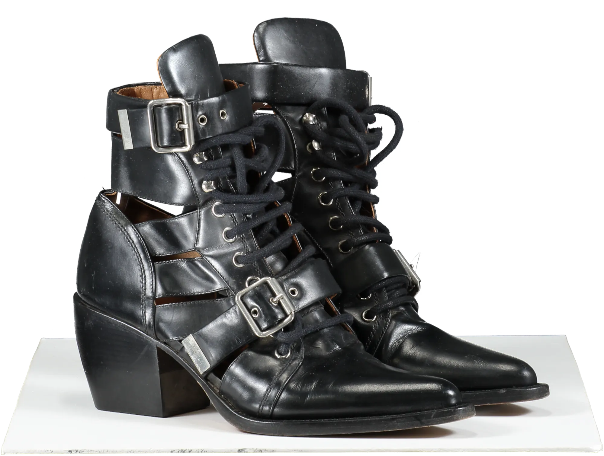 Chlo Black Rylee Cutout Leather Ankle Boots UK 6 EU 39 