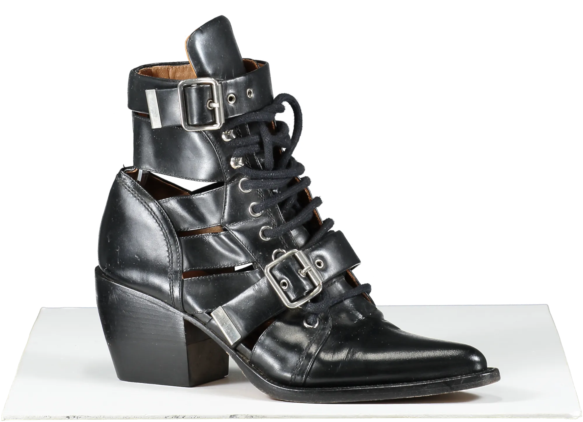 Chlo Black Rylee Cutout Leather Ankle Boots UK 6 EU 39 