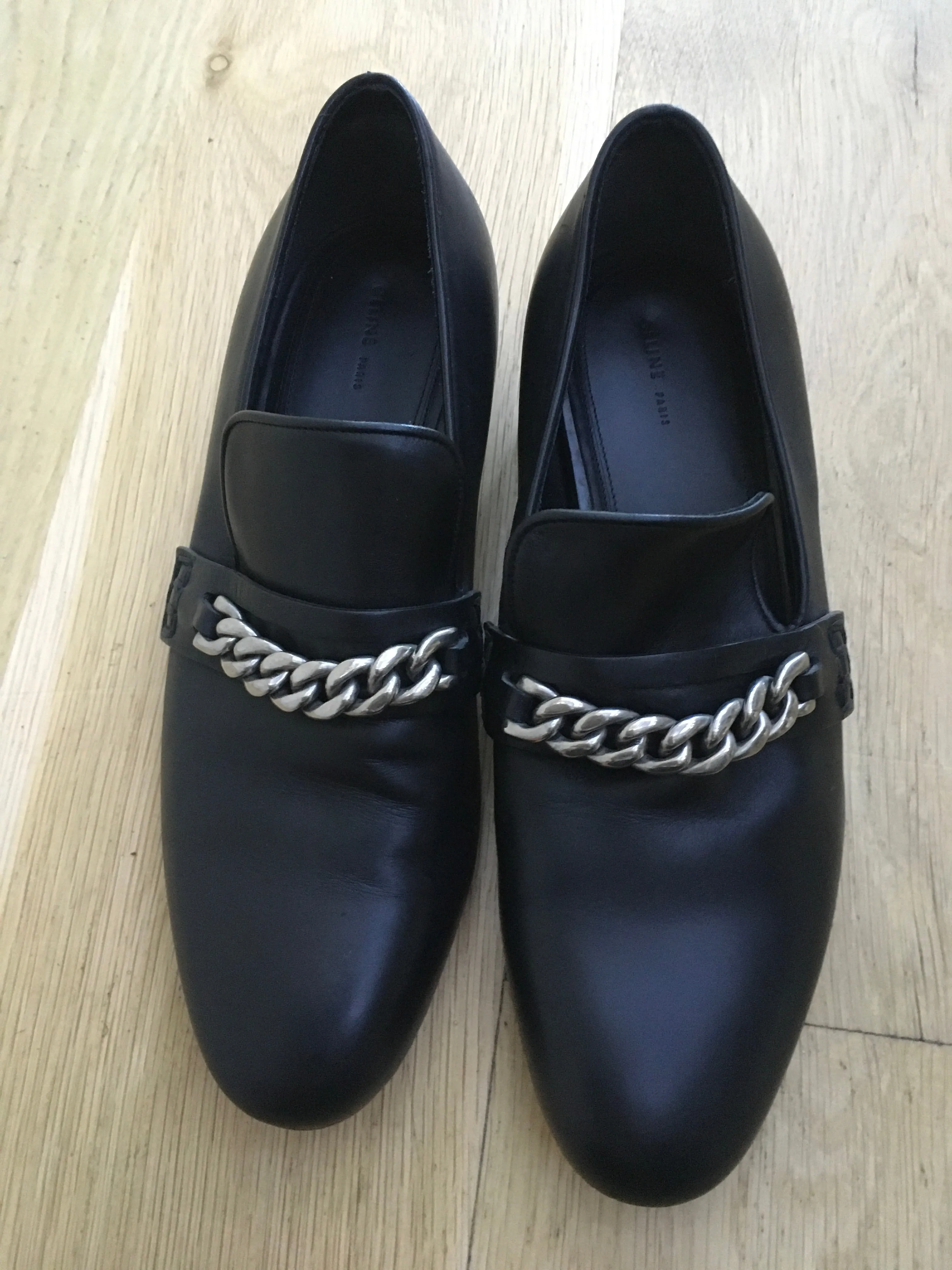 Céline Celine Phoebe Philo Black Chain-Link Leather Loafers Shoes 38  ladies