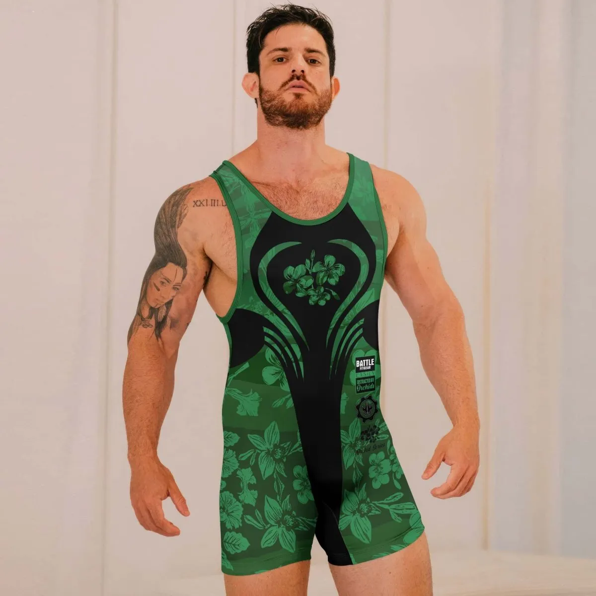 Orchid Series Floral Green Heart Pattern Wrestling Singlets