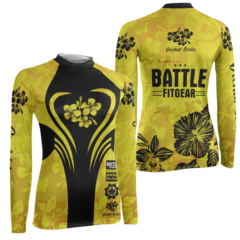 Orchid Series Floral Yellow Heart Pattern Women's Long Sleeve Rash Guard
