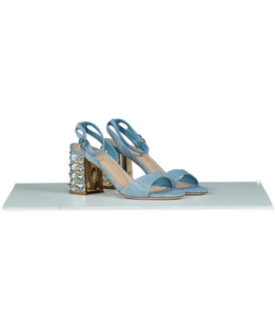 Sebastian Blue Chambray Pearl/crystal Embellished Block Heel Sandals UK 4 EU 37 