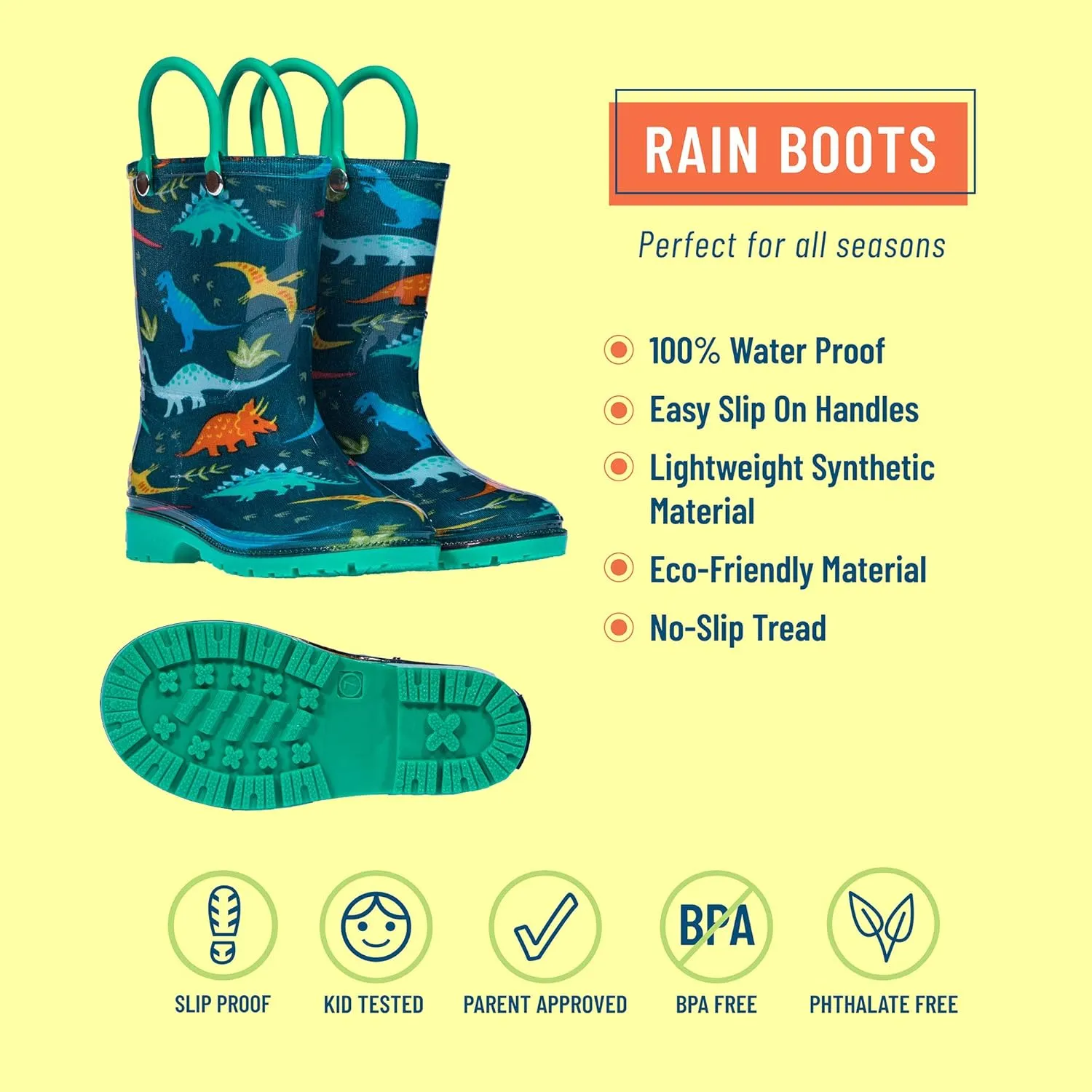 Wildkin Kids Rain Boots  100% Waterproof with Slip-Resistant Tread & Easy Pull Handles