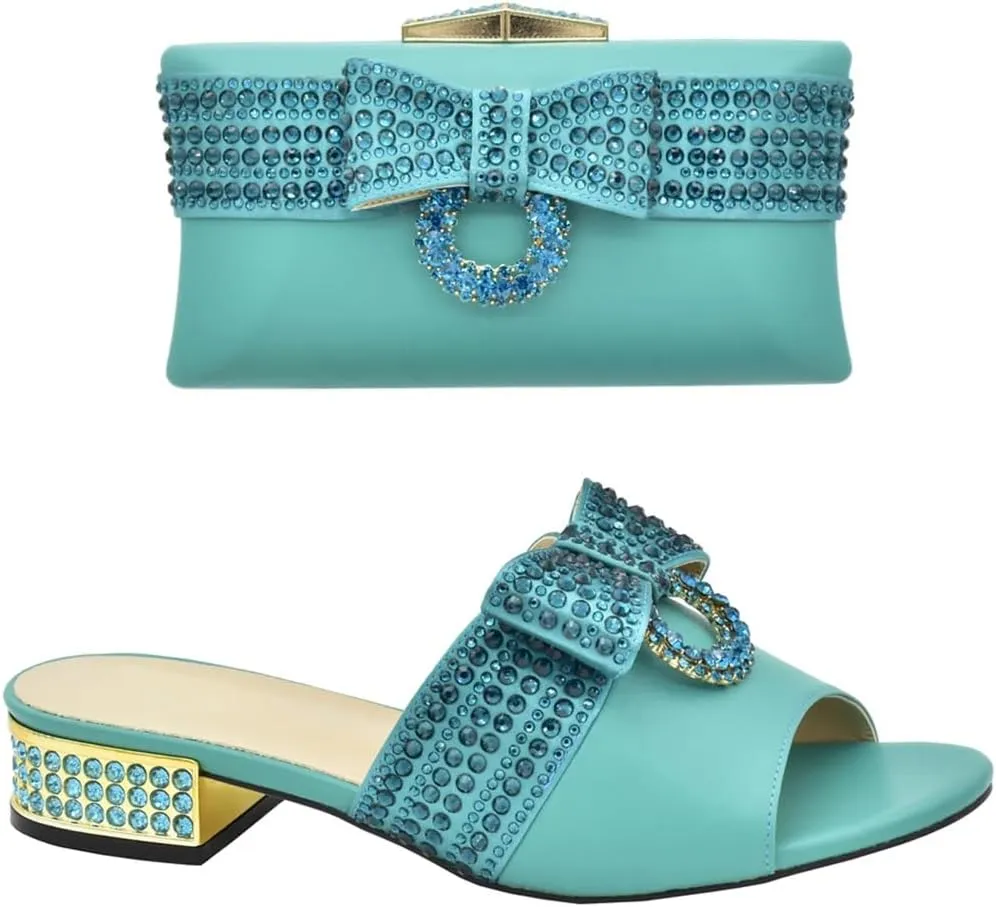 Women Luxury Shoes and Matching Bags Set Rhinestone Decorated Heel Party Slingbacks Soft Shoe Bag Set