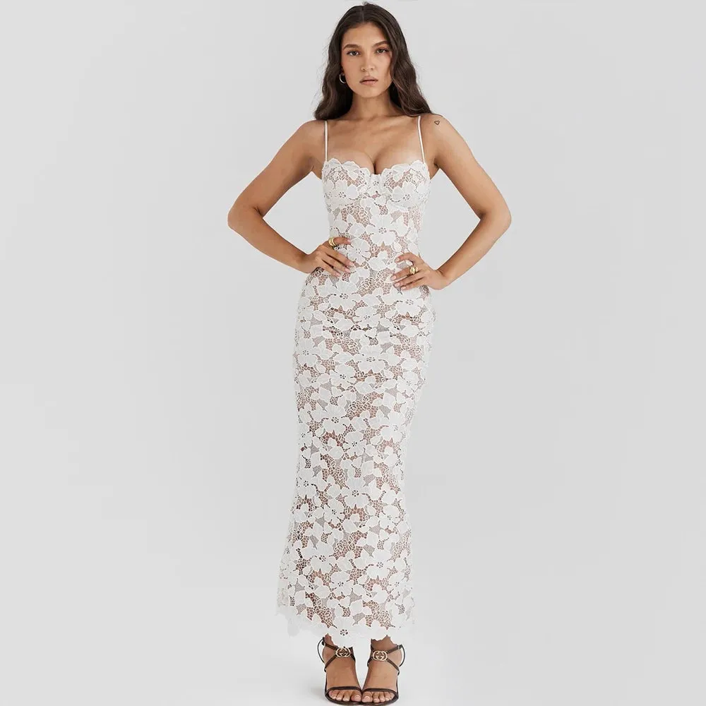 Women's Maxi Dress - Lace Overlay - Fitted Silhouette - Spaghetti Straps - Elegant Formal Wear