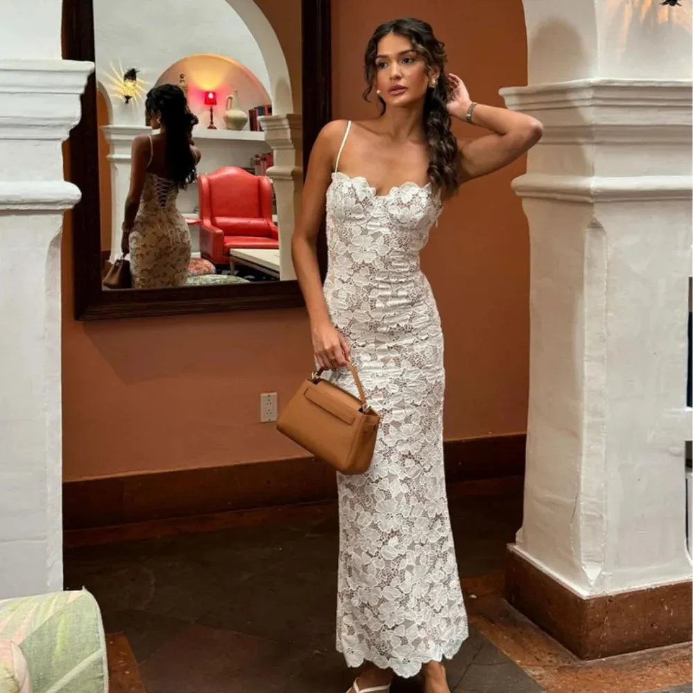 Women's Maxi Dress - Lace Overlay - Fitted Silhouette - Spaghetti Straps - Elegant Formal Wear
