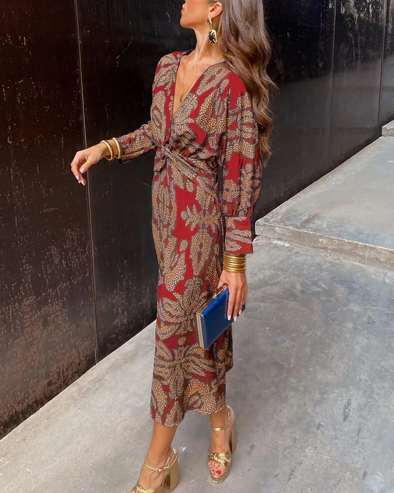 Women's Maxi Dress - V-Neck Long Sleeve - Twist Knot Waist - Elegant Formal Wear