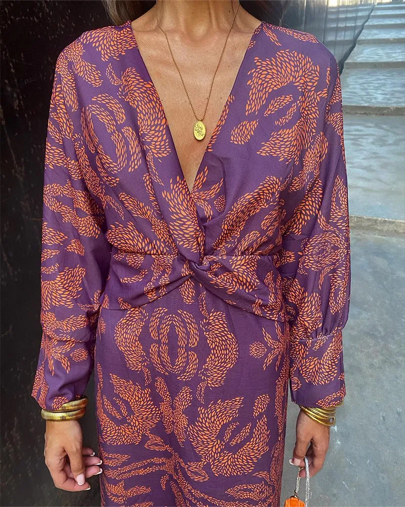 Women's Maxi Dress - V-Neck Long Sleeve - Twist Knot Waist - Elegant Formal Wear