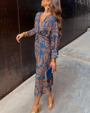 Women's Maxi Dress - V-Neck Long Sleeve - Twist Knot Waist - Elegant Formal Wear