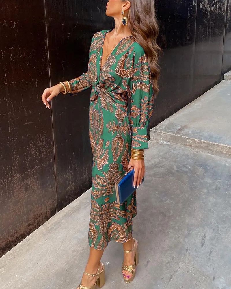 Women's Maxi Dress - V-Neck Long Sleeve - Twist Knot Waist - Elegant Formal Wear